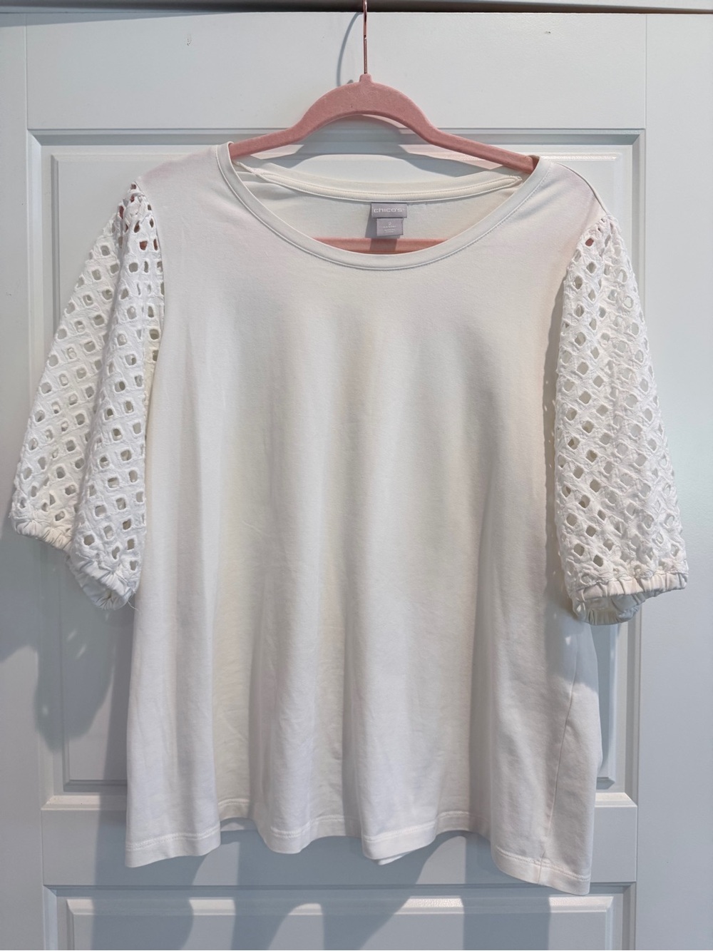 Chico's White Eyelet Puff Sleeve Crew Top